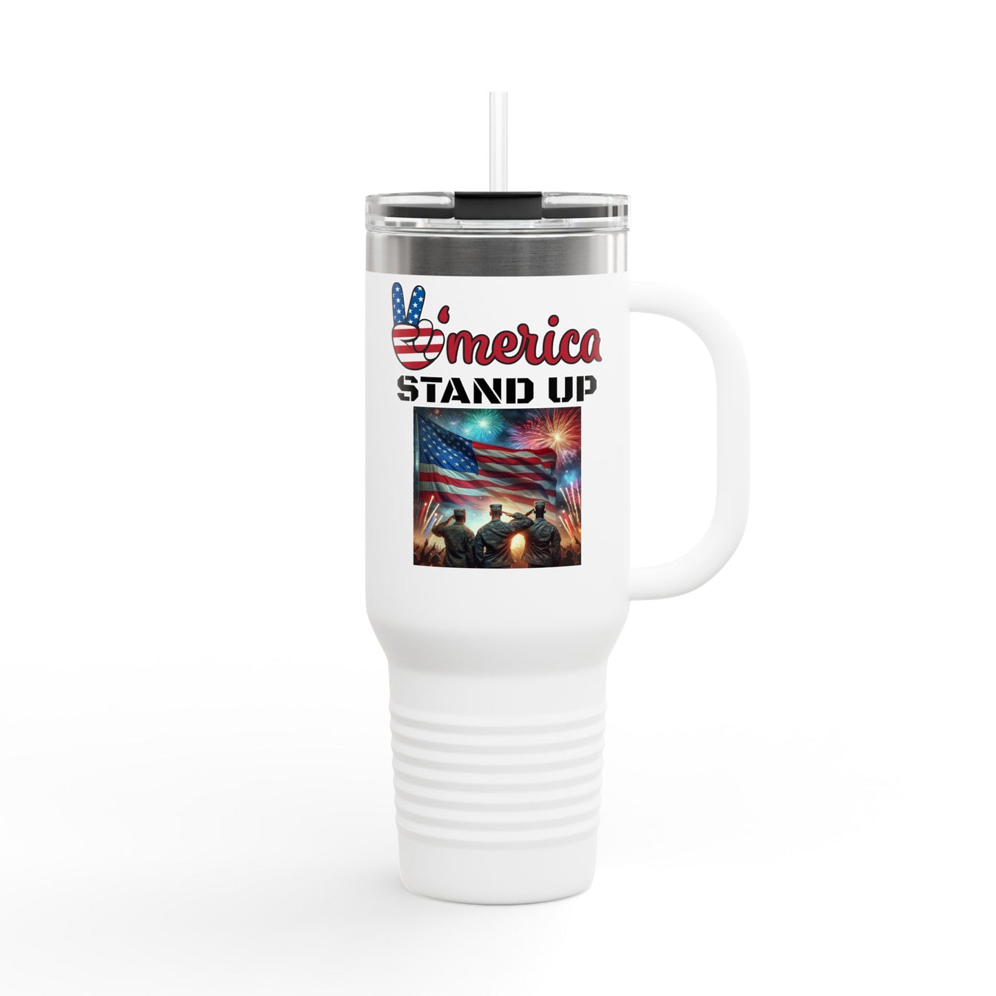 America Stand Up With Flag and 3 Solutes Insulated Travel Mug, 40oz