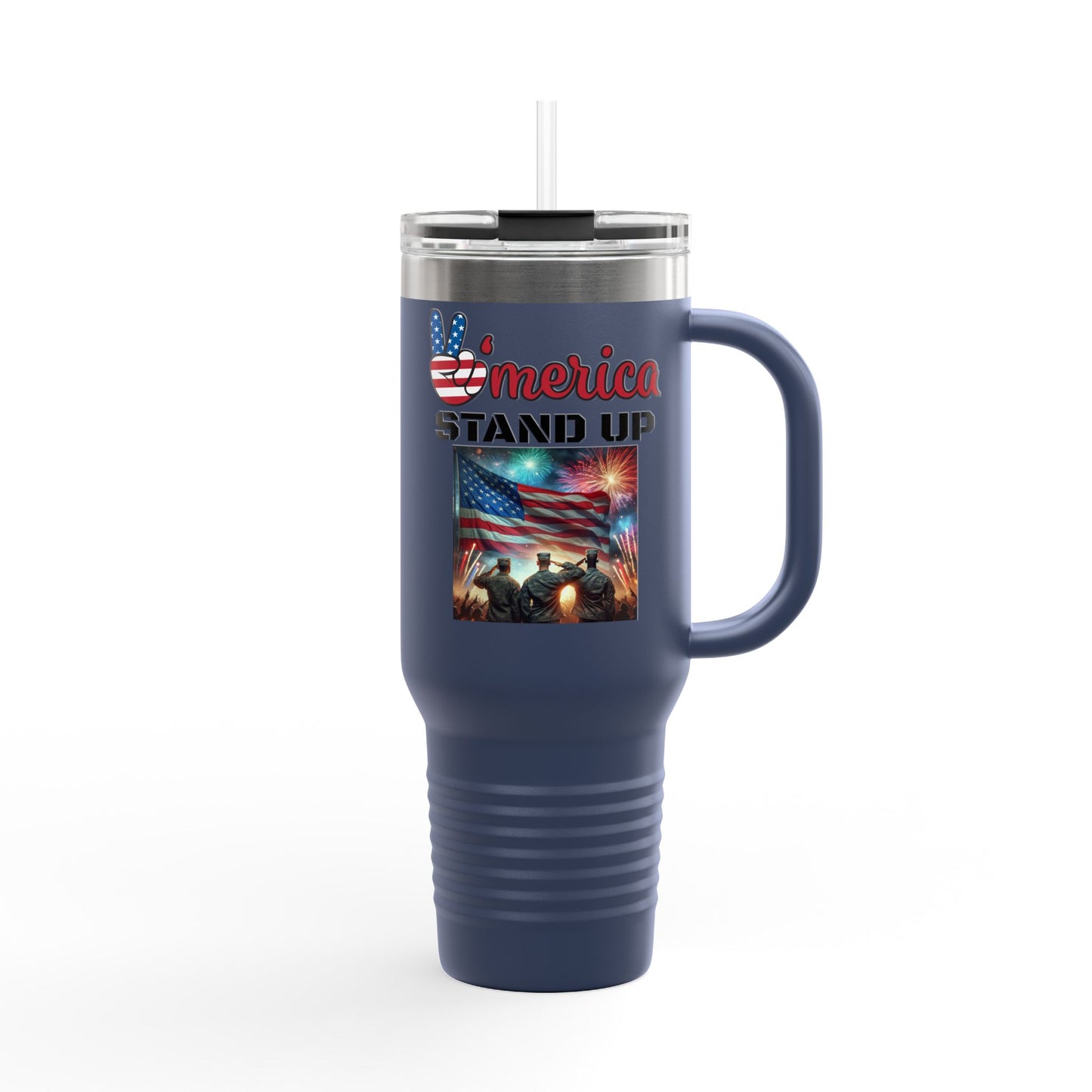 America Stand Up With Flag and 3 Solutes Insulated Travel Mug, 40oz