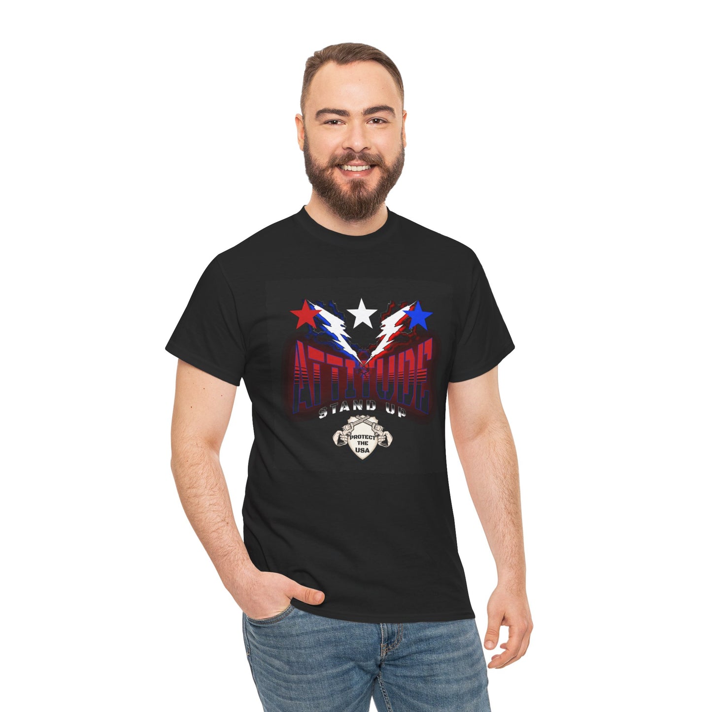 Red White And Blue Stars Protect The USA Heavy Cotton Tee