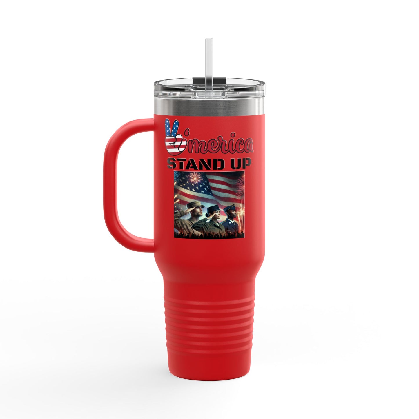 America Stand Up With Flag and 3 Solutes Insulated Travel Mug, 40oz