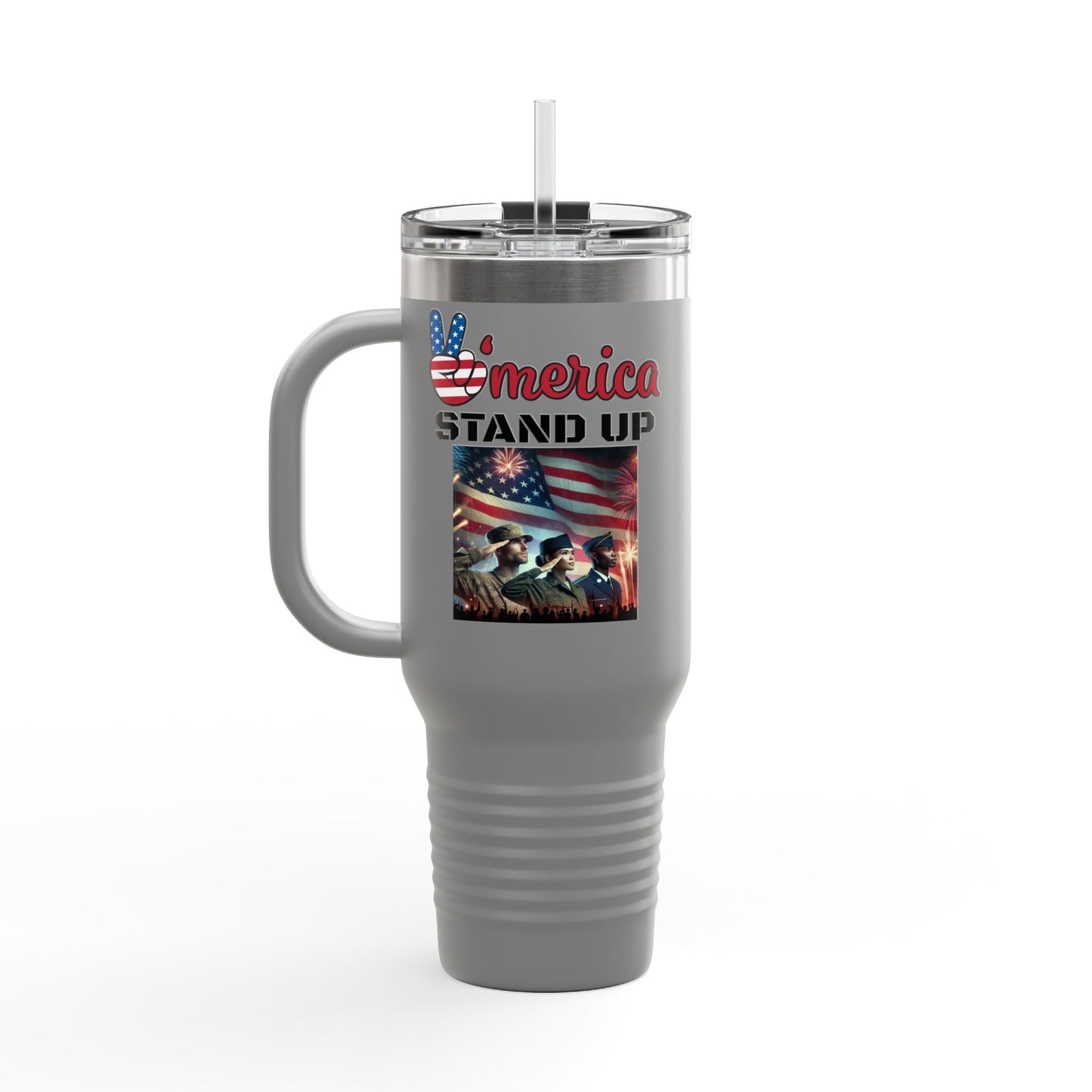 America Stand Up With Flag and 3 Solutes Insulated Travel Mug, 40oz