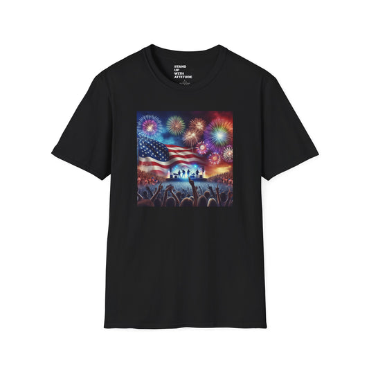 Crowd At Concert Cheering With American Flag And Fireworks Softstyle T-Shirt