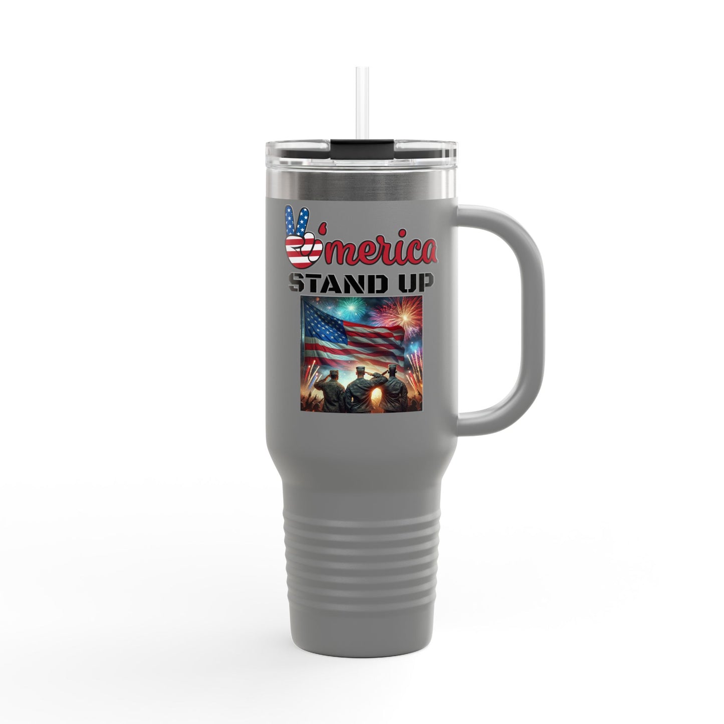 America Stand Up With Flag and 3 Solutes Insulated Travel Mug, 40oz