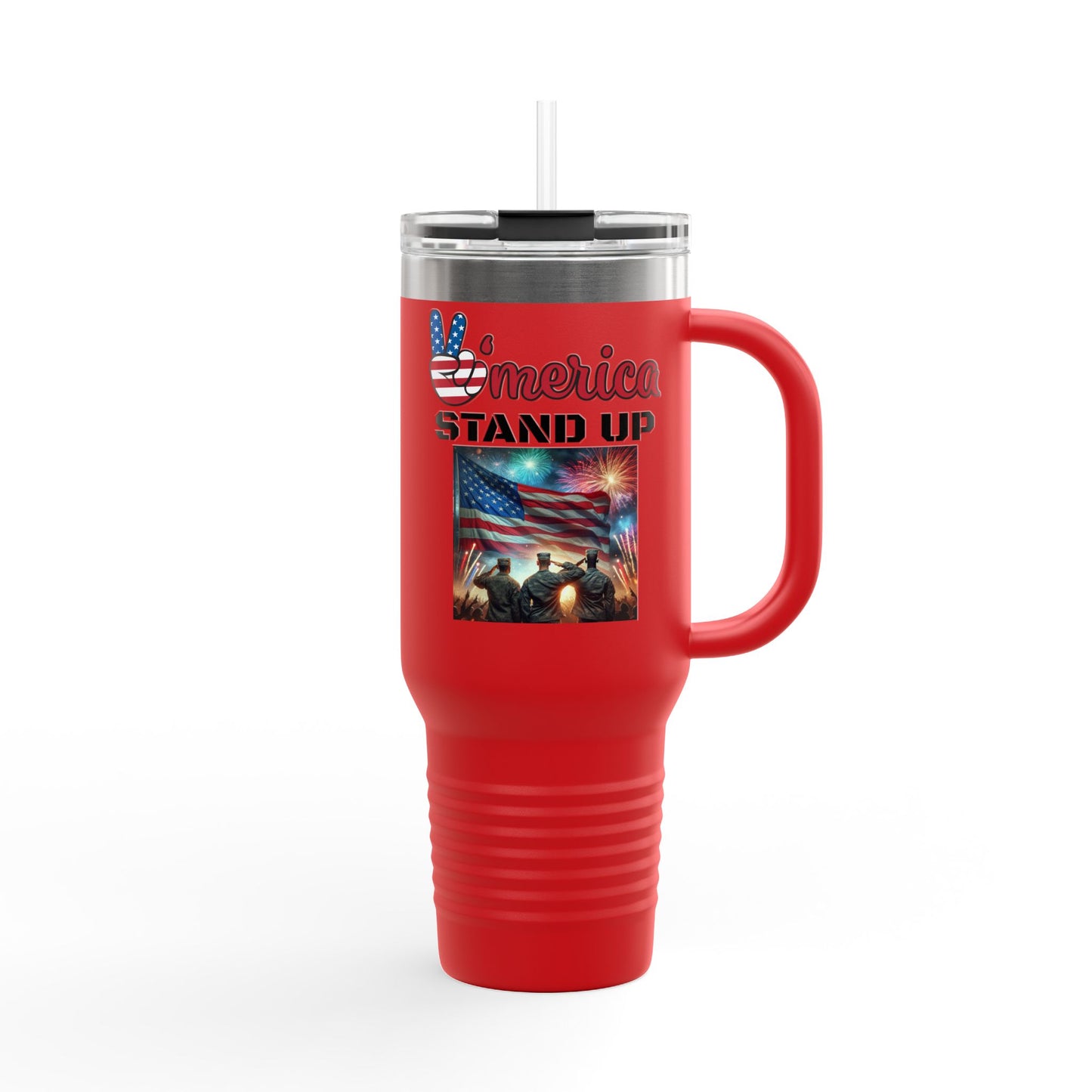 America Stand Up With Flag and 3 Solutes Insulated Travel Mug, 40oz